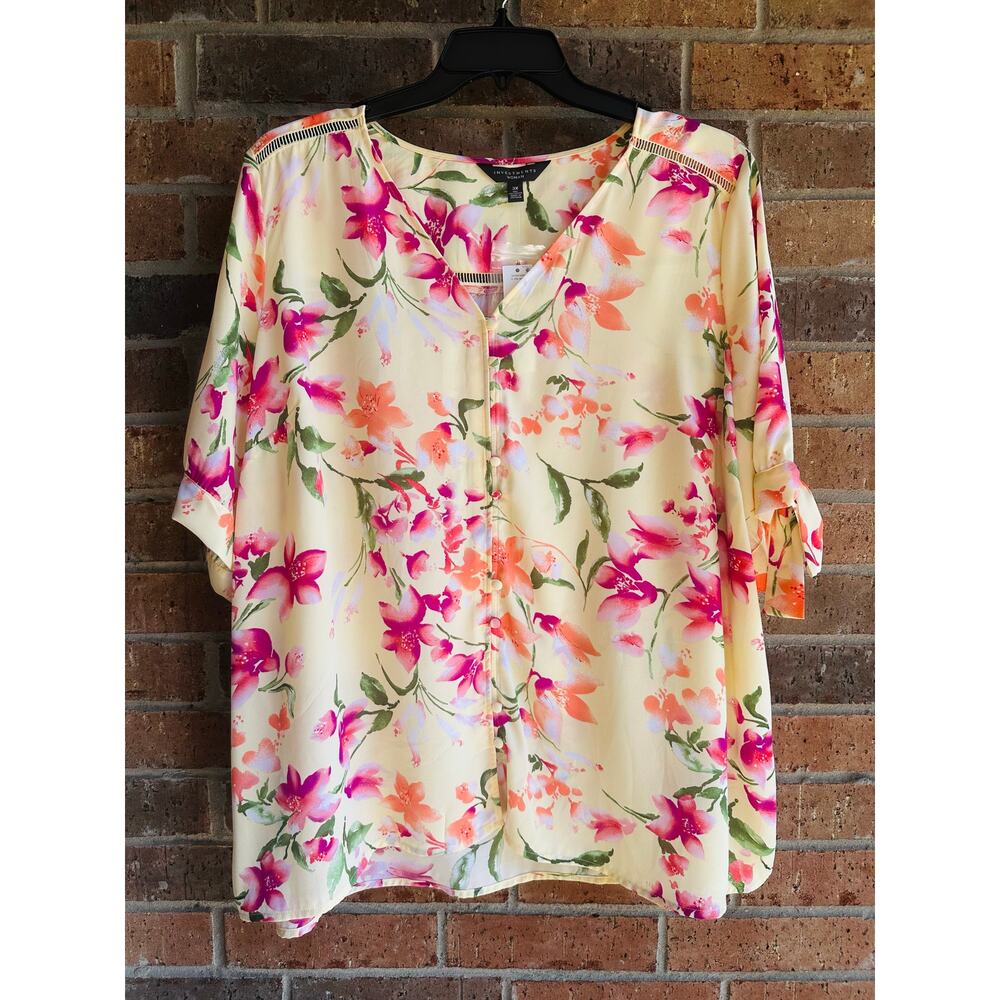 Investments Women's Yellow Purple Floral Short Sleeve Button Up Blouse Sz 3X NWT
